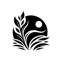 Monochromatic Botanical Composition Featuring a CrescentShaped Plant Arrangement with a SunMoon on a Circular Background. vector