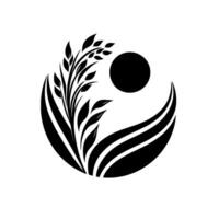 Stylized Black and White Depicting a Branch of Wheat, Circle, and Curved Lines in a Circular Composition. vector