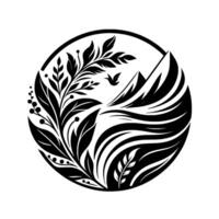 Black and White Circular Nature with Mountains, Leaves, and a Flying Bird Symbolizing Harmony vector