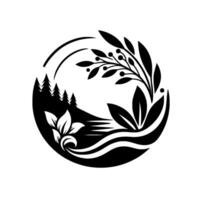Black and White Circular Nature Emblem Featuring Trees, Mountains, Flowers, and Foliage, Representing Harmony and Balance. vector