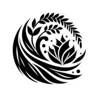 Black and white floral within a circular frame, featuring leaves, petals, and abstract elements on a white background. vector