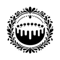 Symmetrical, black and white, ornate featuring stylized cake, dots, and floral wreath, creating a modern, minimalist, yet decorative emblem. vector