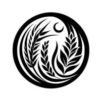 Monochrome circular emblem of stylized wheat stalks, leaves, and crescent moon, symbolizing harvest, growth, and serenity. vector