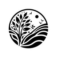 Monochromatic circular emblem with stylized tree, rolling hills, sun, and birds, conveying natures serene essence. vector