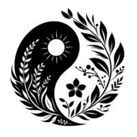 Intricate Yin Yang Design Symbolic Harmony of Light and Dark with Floral Elements and Sun Motif in Minimalist Black and White Style. vector