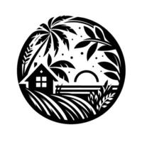 Silhouette of a coastal home with a palm tree, field, and sunset within a circular frame, in a minimalistic style. vector