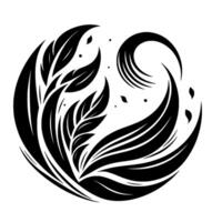 Stylized Black and White Circular Composed of Leaves, Feathers, and Flowing Lines in a Decorative Arrangement. vector
