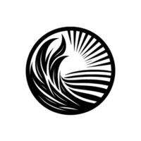 Circular Black and White Depicting a Wavelike Form with Sunburst Rays, Symbolic of Movement and Light. vector