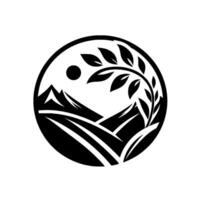 A circular black and white depicting mountains, fields, a sun, and an arching branch with leaves, evoking natures harmony. vector