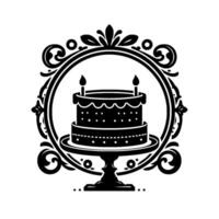 Black and white stylized illustration of a twotiered cake with candles, on a cake stand, within an ornate circular frame, celebrating birthdays. vector