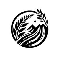 Black and white minimalist featuring a mountain range, wheat stalks encircling the scene within a perfect circle. vector