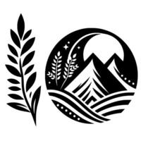 Stylized monochrome illustration Circular mountain scene with wheat and stars, contrasted by a separate wheat stalk. vector