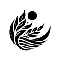 Abstract Black White Floral Motif with Leafy Branch, Crescent, Dot, and Circle Elements Against White Background. vector