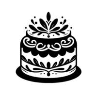 Intricate Black and White Illustration of a TwoTiered Cake with Floral and Swirl Ornamentation and a Decorative Top Adornment, Set on a Simple Plate. vector