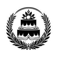Elegant monochrome illustration of a twotiered cake, adorned with berries and leaves, framed by a laurel wreath, a symbol of celebration. vector