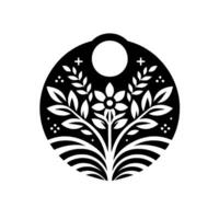 Minimalist Black and White Circular Floral Design A stylized emblem featuring a central flower and symmetrical leaf branches, within an oval frame with a top loop and a moonlike circle. vector
