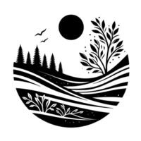 Monochrome circular nature illustration featuring stylized trees, rolling hills, birds, and a prominent sun, creating a minimalist landscape scene. vector