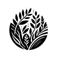 Stylized Black and White Botanical Composition Circular Arrangement of Foliage, Branches, and Leaves Against a White Background. vector