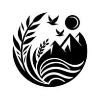 Circular Black and White Illustration Mountains, Sun, Birds, and Vegetation, Symbolizing Natures Harmony. vector