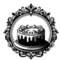 Elegant Black and White Cake with Decorative Frame and Swirls, perfect for branding or special events. vector