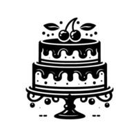 Elegant TwoTiered Cake with Cherries, Drizzled Frosting, and Decorative Stand in Minimalist Black and White Illustration. vector