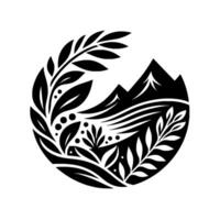 Black and White Circular Design Stylized Mountain Range and Botanical Elements in a Modern NatureInspired Illustration. vector
