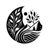Yin and Yang Nature Illustration Black and White Circular with Leaves, Mountains, Trees, and Flowing Water. vector