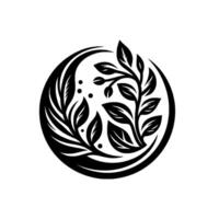 YinYang Botanical A symmetrical, stylized blackandwhite illustration featuring intertwined leafy branches, berries, and a circular composition. vector
