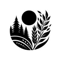 Black and White Nature Scene Trees, Moon, and Foliage within Circular Design, Abstract Minimalist Composition. vector