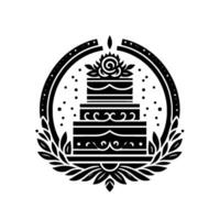 Stylized, blackandwhite cake emblem, with intricate floral and decorative elements enclosed in an elegant circular frame. vector