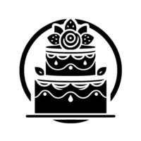Elegant Black White Cake Illustration Enclosed in Circle with Decorative Details, Rose Topping, and Simple, Clean Design. vector