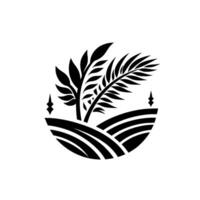 Black and white stylized featuring a silhouetted field, greenery, and ornamental elements within an oval shape, suggesting agriculture and nature. vector