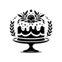 Elegant Black and White Cake Illustration with Ornate Laurel Wreath and Decorative Berries, on a Pedestal. vector