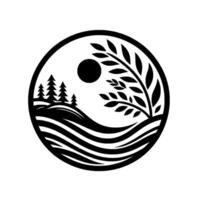 Circular monochrome landscape with stylized trees, waves, sun, and branch, creating a minimalist and symbolic visual harmony. vector