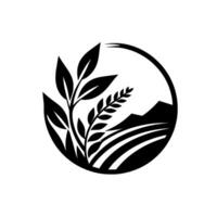 A Monochromatic Emblem Depicting a Farm Scene with Fields, Mountains, and Foliage Enclosed in a Circle. vector