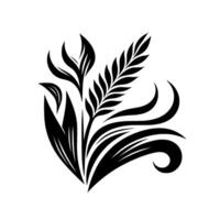 A symmetrical, monochromatic floral featuring stylized leaves, wheatlike elements, and flowing, curvilinear accents, presented on a pristine white backdrop. vector