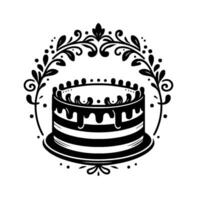 Elegant monochrome illustration of a tiered cake with decorative dripping frosting, encircled by a floral wreath with dots and swirls on a white background. vector