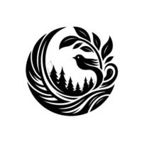 A minimalist black and white circular depicting a bird, trees, and mountains within a stylized nature frame. vector