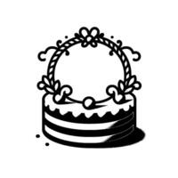 Elegant monochromatic illustration of a tiered cake with ornate circular frame featuring floral and ornamental designs, in a clean, minimalist style. vector