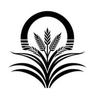 Stylized Black and White Wheat Emblem with Circular Element and Symmetric Design, Representing Agriculture, Harvest, and Abundance. vector