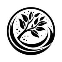 Minimalist Black and White Circular Emblem of a Tree with Leaves, Dots, and Swirling Border, Symbolic of Growth. vector