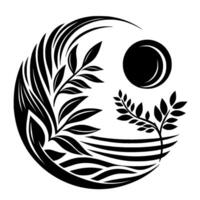 Yin Yanginspired botanical illustration with stylized leaves, branches, and a circular sun element, on white background. vector