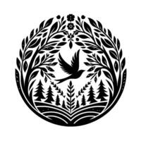Serene Black White Circular Forest Scene A Bird in Flight Above Trees and Flora, Symbolic of Freedom and Nature vector