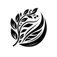 Elegant minimalist black and white botanical illustration featuring a leafy branch and berries within a stylized halfcircle, against white background. vector