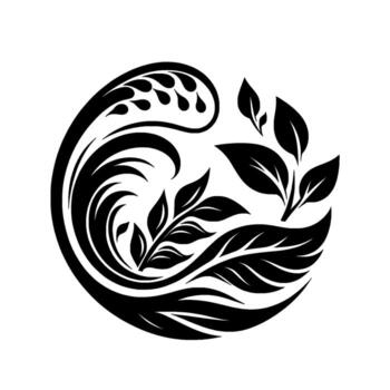 Elegant Black and White Circular Floral with Stylized Leaves, Vines, and Decorative Elements vector