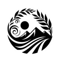 Serene Black and White Circular Design Mountain Peaks, Sun, Fields, and Leafy Branches, Capturing Balance and Natures Beauty. vector