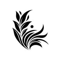 Elegant, minimalist black and white botanical illustration featuring stylized leaves, curved lines, and a central dot, on a clean white background. vector