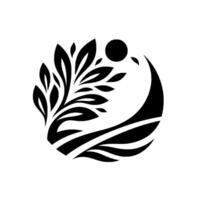 Black and white stylized nature emblem featuring a central tree with leaves and a stylized sunmoon and water elements, all in a circular composition. vector