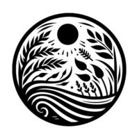 Symbolic black and white circular of nature, featuring sun, water, and varied plant life with a stylized aesthetic. vector
