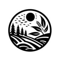 Stylized black and white circular landscape with fields, trees, sun, and wheat silhouette. vector